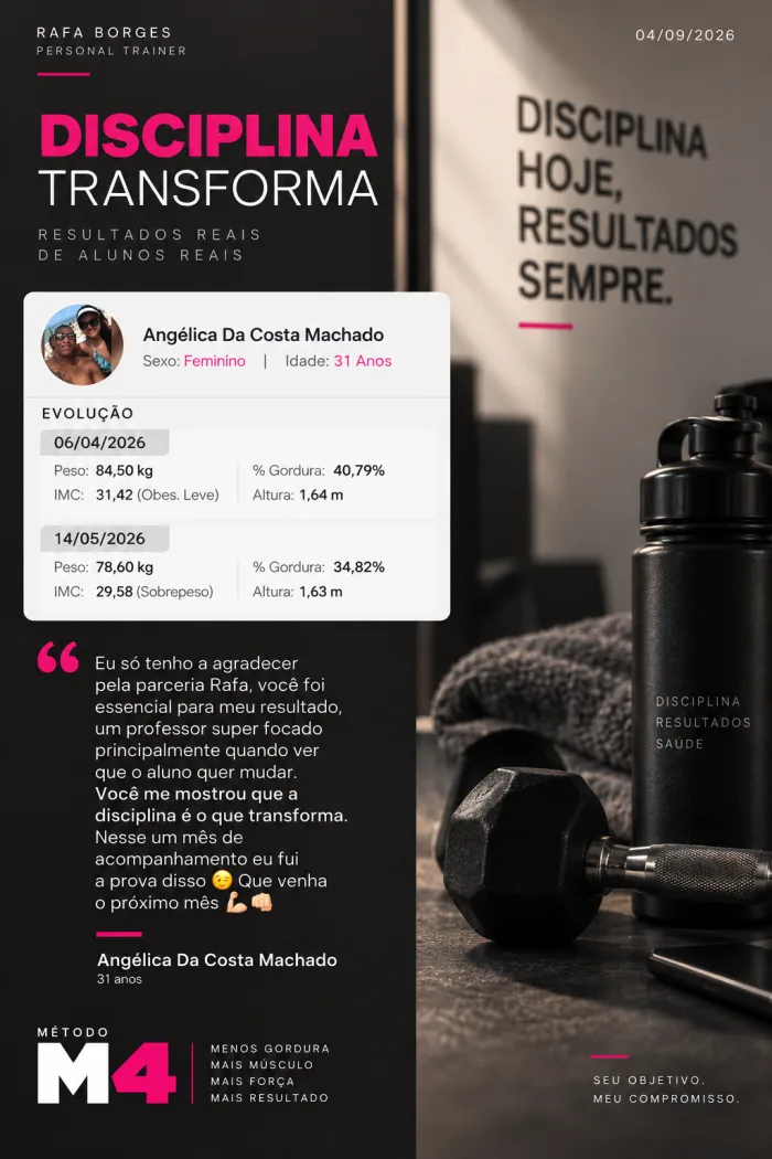 Print de depoimento de aluna sobre a evolução do treino com o Rafael